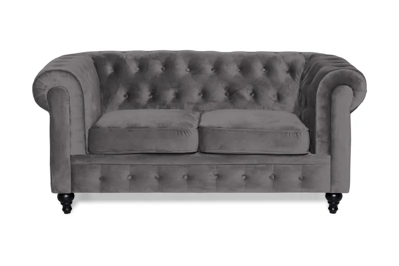 Chesterfield Lyx 2-sits Liten Sammetssoffa - Djup soffa 160 cm bred, M örkgrå / Grå