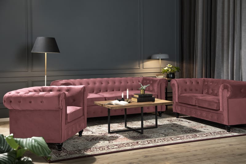 Chesterfield Lyx Sammetssoffa 2-sits - Rostrosa - Möbler - Soffa - Howardsoffa
