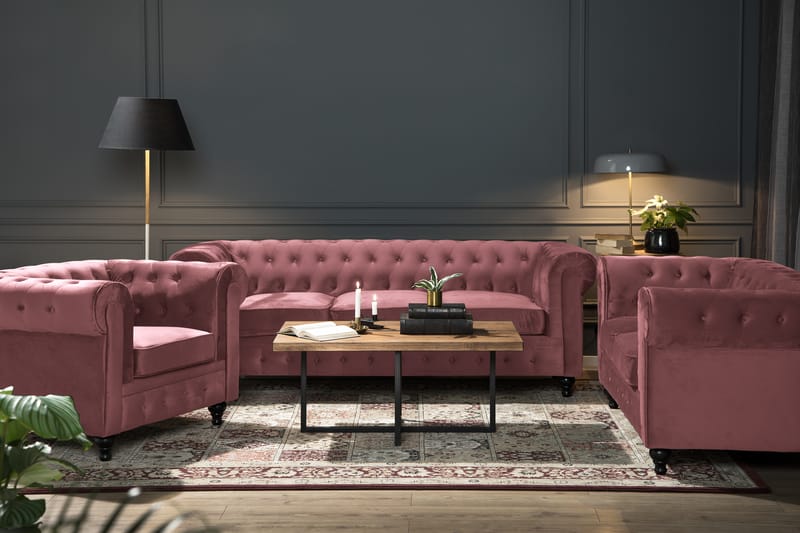 Chesterfield Lyx Sammetssoffa 2-sits - Rostrosa - Möbler - Soffa - Howardsoffa