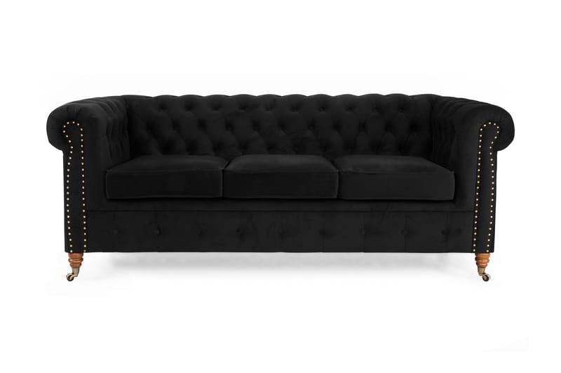 Sammetssoffa Chester Deluxe 3-sits - Svart - 3 sits soffa - Sammetssoffa - Howardsoffa - Chesterfield soffa