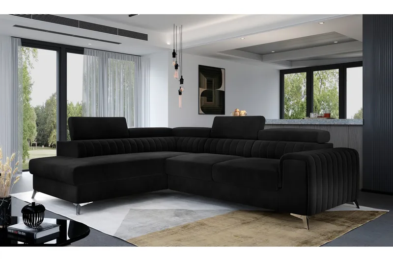 Laurece 4-sits Högervänd L-formad Bäddsoffa 125x210 cm i Sammet, Svart