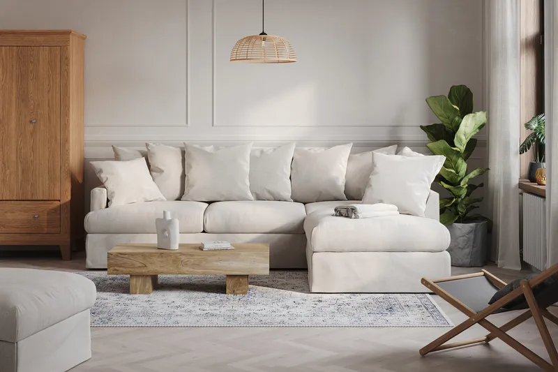 Menard Soffgrupp 4-sits Högervänd L-formad Schäslongsoffa + Fåtölj i Bouclé - Vit - Möbler - Soffa - Soffgrupp