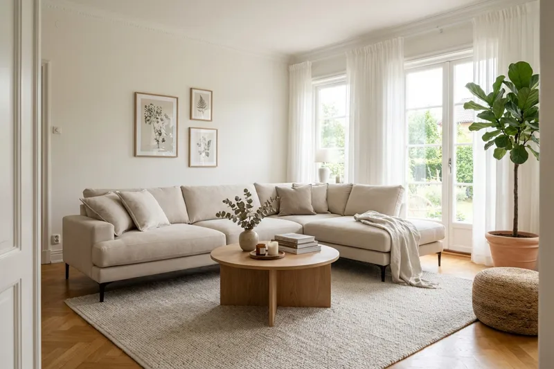 Menard Premium 5-sits Högervänd L-formad Djup Schäslongsoffa i Tyg - Beige - Möbler - Soffa - Divansoffa & schäslongsoffa