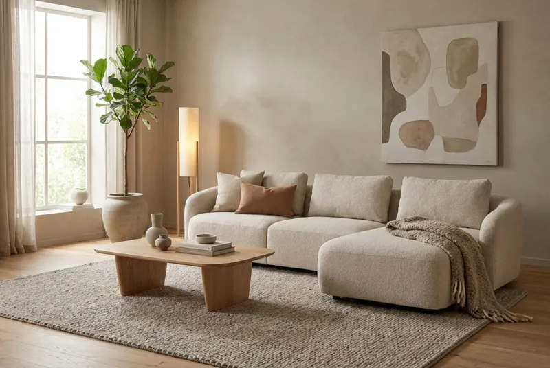 Milano 5-sits Rundad Högervänd L-soffa med Låg Rygg i Beige Boucle - Möbler - Soffa - Divansoffa & schäslongsoffa