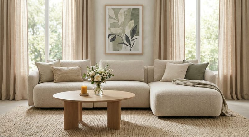 Milano 5-sits Rundad Högervänd L-soffa med Låg Rygg i Beige Boucle - Möbler - Soffa - Divansoffa & schäslongsoffa