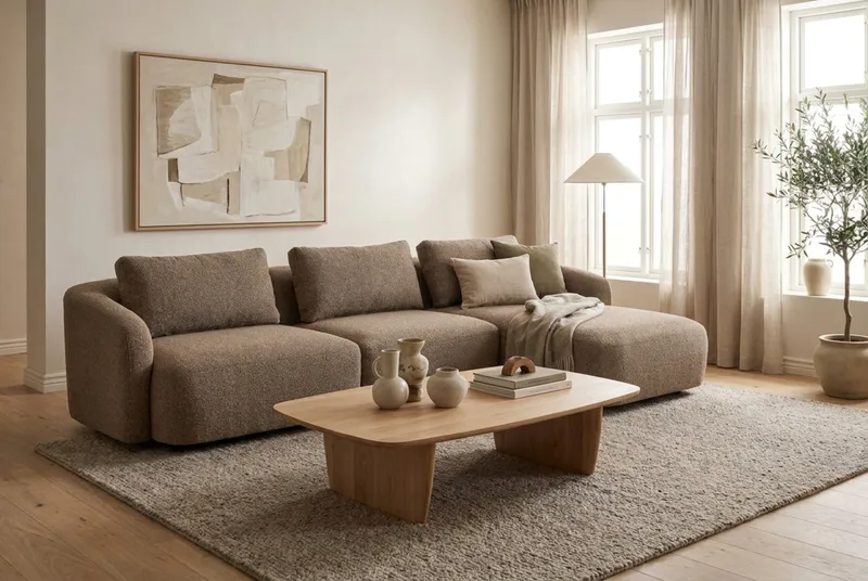 Milano 5-sits Rundad Högervänd L-soffa med Låg Rygg i Brun Boucle - Brun - Möbler - Soffa - Divansoffa & schäslongsoffa