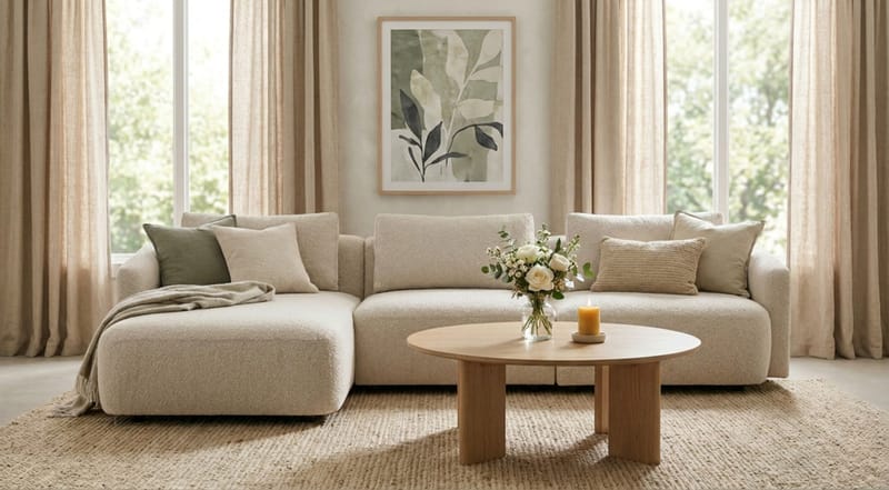Milano 5-sits Rundad Vänstervänd L-soffa med Låg Rygg i Beige Boucle - Möbler - Soffa - Divansoffa & schäslongsoffa