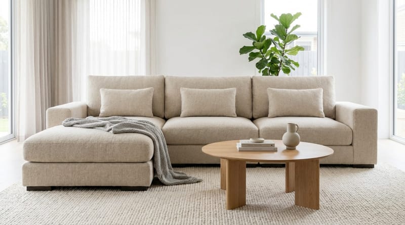 Dubai Extra djup 4-sits Modulsoffa med divan höger i tyg vändbar Extra Djup - Ljusbeige - Möbler - Soffa - Modulsoffa - Komplett modulsoffa