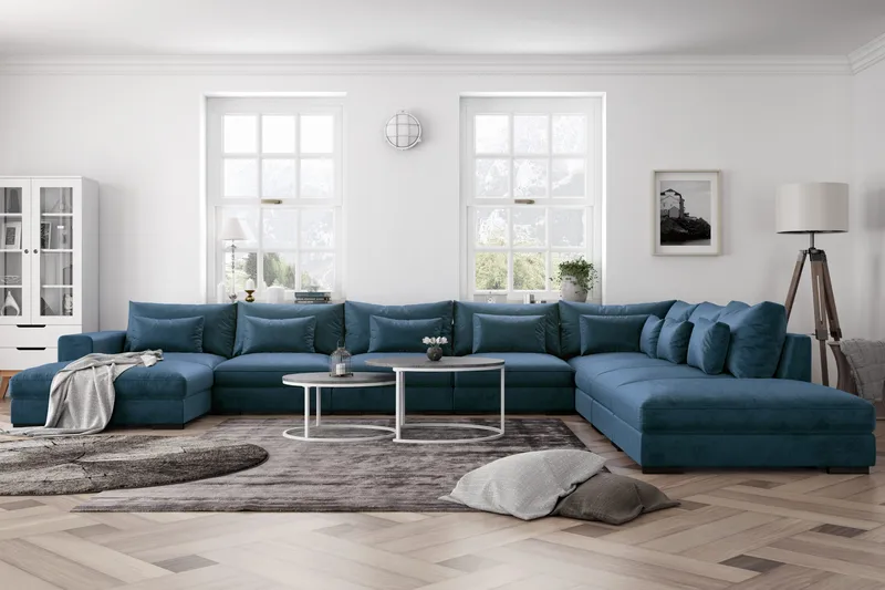 Dubai U-modulsoffa Large med Divan Vänster Sammet Extra Djup - Blå - Möbler - Soffa - Modulsoffa - Komplett modulsoffa