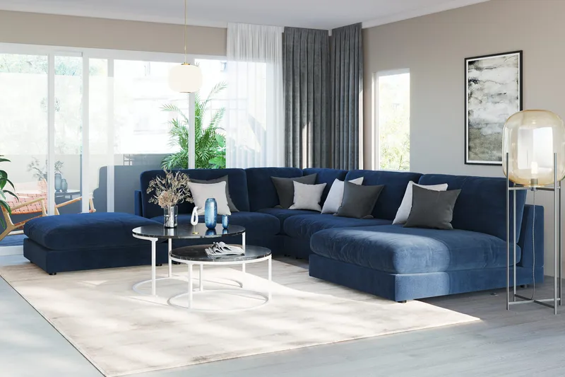 Arken 6-sits Vändbar L-formad Modulhörnsoffa med Divan + Fotpall i Sammet - Blå - Möbler - Soffa - Modulsoffa - Komplett modulsoffa