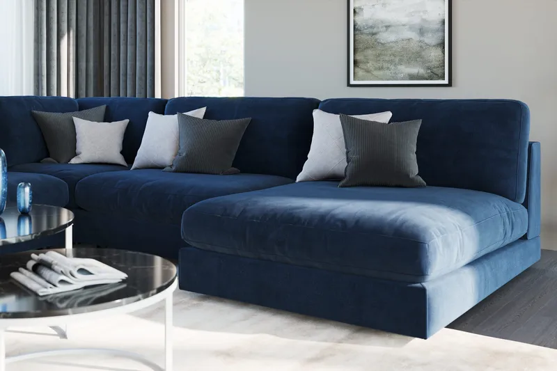 Arken 6-sits Vändbar L-formad Modulhörnsoffa med Divan + Fotpall i Sammet - Blå - Möbler - Soffa - Modulsoffa - Komplett modulsoffa