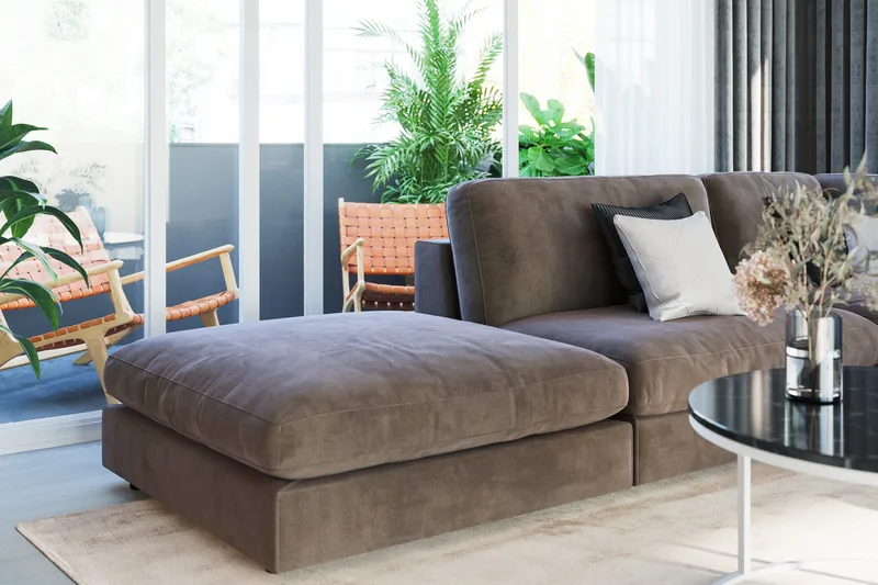 Arken 6-sits Vändbar L-formad Modulhörnsoffa med Divan + Fotpall i Sammet - Brun - Möbler - Soffa - Modulsoffa - Komplett modulsoffa