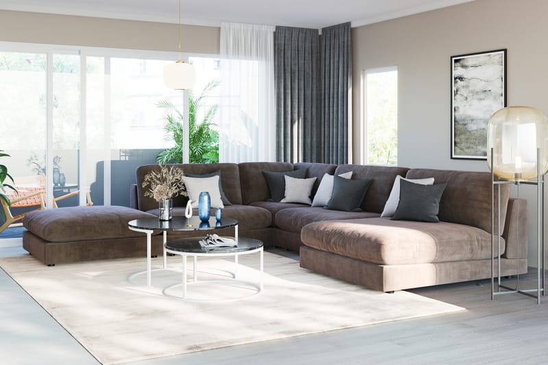 Arken 6-sits Vändbar L-formad Modulhörnsoffa med Divan + Fotpall i Sammet - Brun - Möbler - Soffa - Modulsoffa - Komplett modulsoffa
