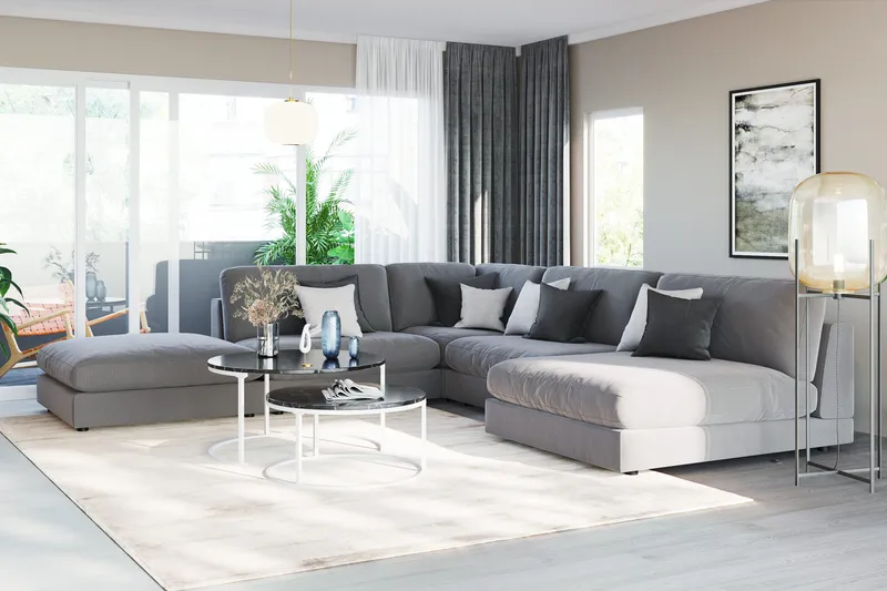 Arken 6-sits Vändbar L-formad Modulhörnsoffa med Divan + Fotpall i Sammet - Ljusgrå - Möbler - Soffa - Modulsoffa - Komplett modulsoffa