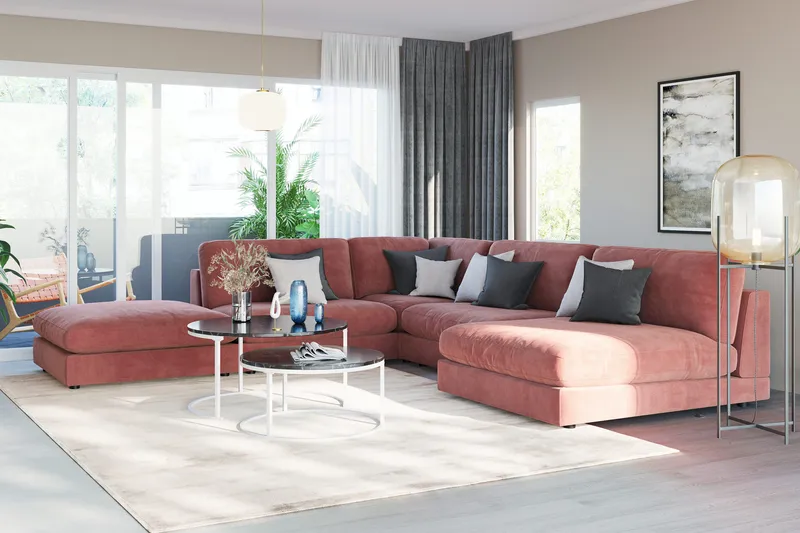 Arken 6-sits Vändbar L-formad Modulhörnsoffa med Divan + Fotpall i Sammet - Rosa - Möbler - Soffa - Modulsoffa - Komplett modulsoffa