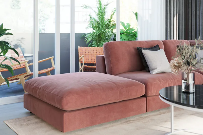 Arken 6-sits Vändbar L-formad Modulhörnsoffa med Divan + Fotpall i Sammet - Rosa - Möbler - Soffa - Modulsoffa - Komplett modulsoffa