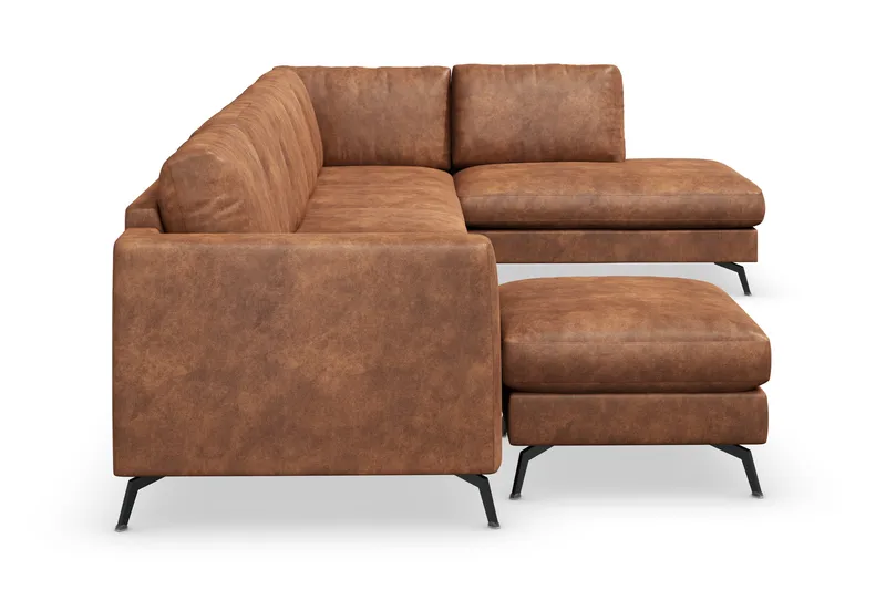 Ocean Lyx 6-sits Högervänd U-formad Soffa med Divan och Schäslong + Fotpall i Konstläder - Brun - Möbler - Soffa - Skinnsoffa