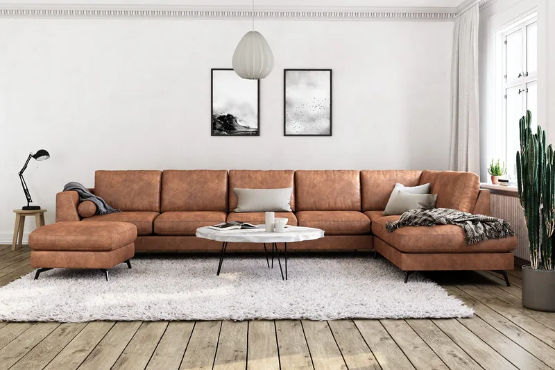 Ocean Lyx 6-sits Högervänd U-formad Soffa med Divan och Schäslong + Fotpall i Konstläder - Brun - Möbler - Soffa - Skinnsoffa