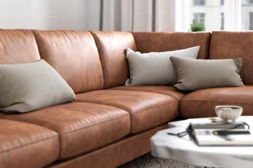 Ocean Lyx 6-sits Högervänd U-formad Soffa med Divan och Schäslong + Fotpall i Konstläder - Brun - Möbler - Soffa - Skinnsoffa