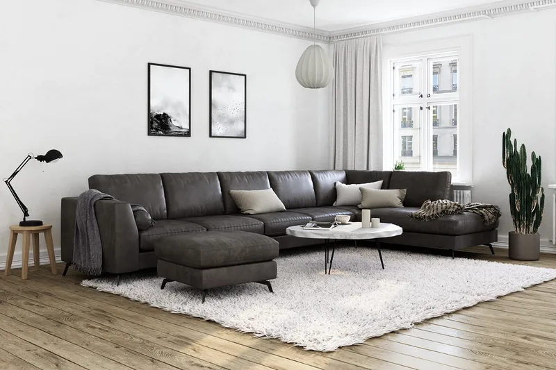Ocean Lyx 6-sits Högervänd U-formad Soffa med Divan och Schäslong + Fotpall i Konstläder - Mörkgrå - Möbler - Soffa - Skinnsoffa