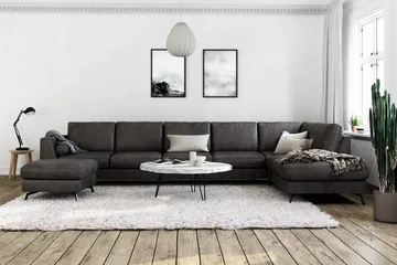 Ocean Lyx 6-sits Högervänd U-formad Soffa med Divan och Schäslong + Fotpall i Konstläder - Mörkgrå - Möbler - Soffa - Skinnsoffa