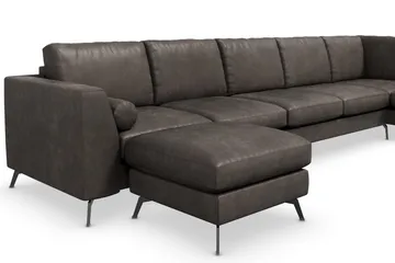 Ocean Lyx 6-sits Högervänd U-formad Soffa med Divan och Schäslong + Fotpall i Konstläder - Mörkgrå - Möbler - Soffa - Skinnsoffa
