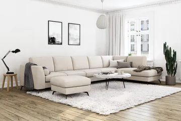 Ocean Lyx 6-sits Högervänd U-formad Soffa med Divan och Schäslong + Fotpall i Tyg - Beige - Möbler - Soffa - U-soffa