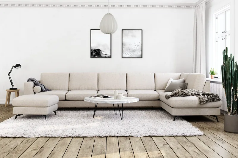 Ocean Lyx 6-sits Högervänd U-formad Soffa med Divan och Schäslong + Fotpall i Tyg - Beige - Möbler - Soffa - U-soffa