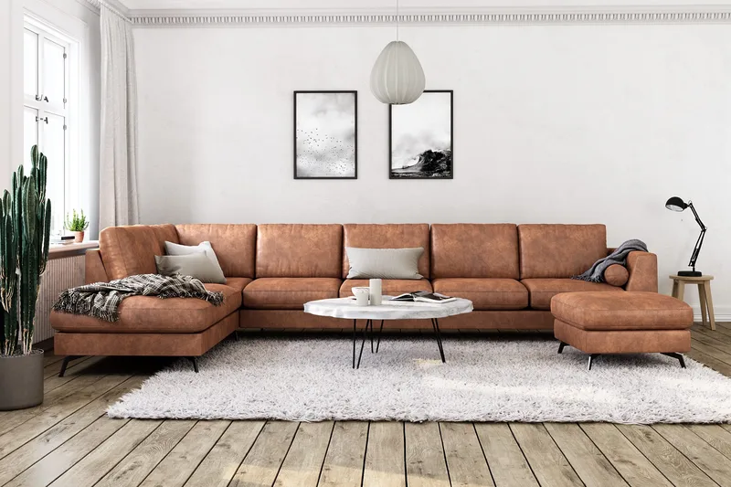 Ocean Lyx 6-sits Vänstervänd U-formad Soffa med Divan och Schäslong + Fotpall i Konstläder - Brun - Möbler - Soffa - Skinnsoffa