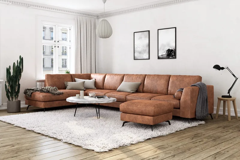 Ocean Lyx 6-sits Vänstervänd U-formad Soffa med Divan och Schäslong + Fotpall i Konstläder - Brun - Möbler - Soffa - Skinnsoffa