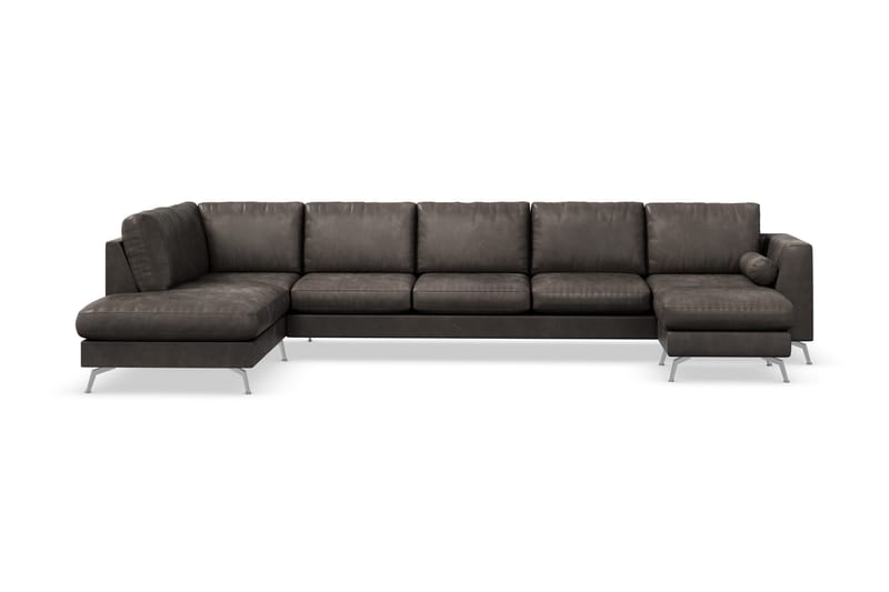 Ocean Lyx 6-sits Vänstervänd U-formad Soffa med Divan och Schäslong + Fotpall i Konstläder - Mörkgrå - Möbler - Soffa - Skinnsoffa