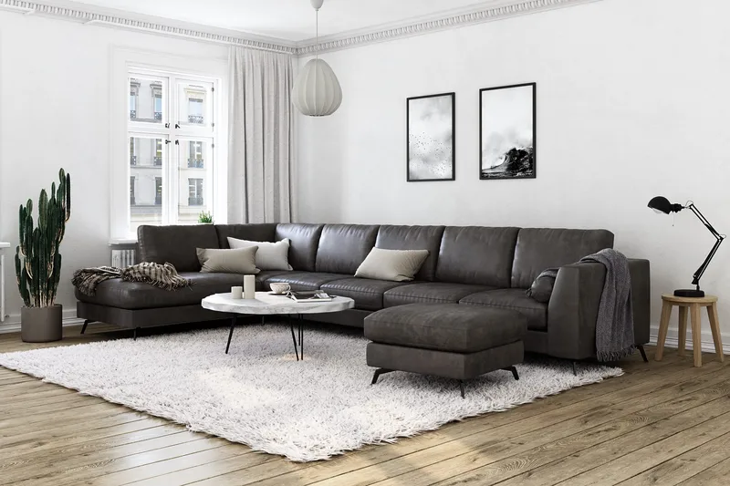Ocean Lyx 6-sits Vänstervänd U-formad Soffa med Divan och Schäslong + Fotpall i Konstläder - Mörkgrå - Möbler - Soffa - Skinnsoffa