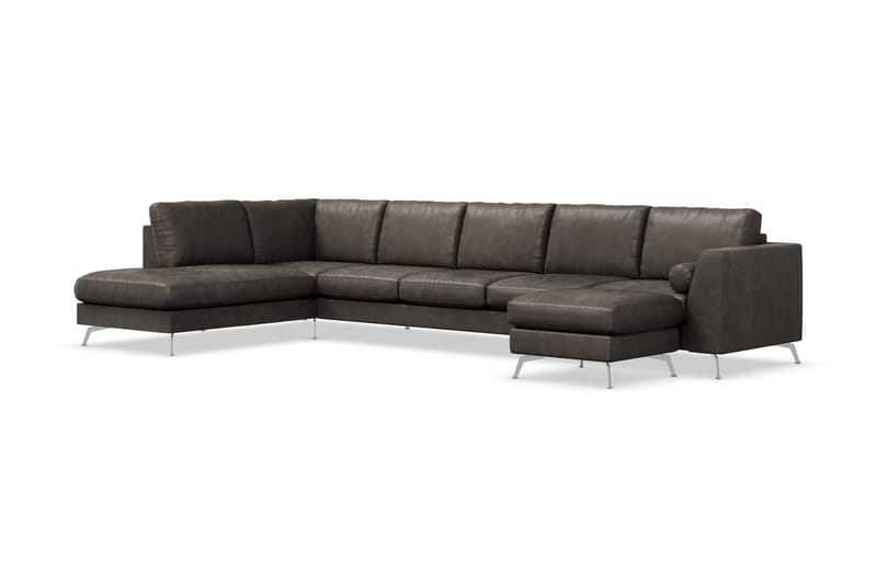 Ocean Lyx 6-sits Vänstervänd U-formad Soffa med Divan och Schäslong + Fotpall i Konstläder - Mörkgrå - Möbler - Soffa - Skinnsoffa
