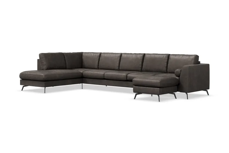 Ocean Lyx 6-sits Vänstervänd U-formad Soffa med Divan och Schäslong + Fotpall i Konstläder - Mörkgrå - Möbler - Soffa - Skinnsoffa