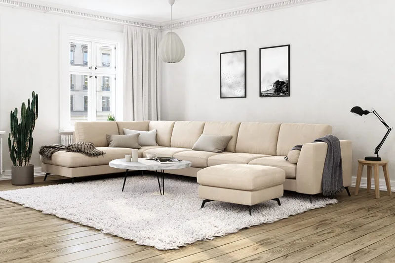 Ocean Lyx 6-sits Vänstervänd U-formad Soffa med Divan och Schäslong + Fotpall i Sammet - Beige - Möbler - Soffa - Sammetssoffa