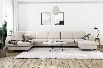 Ocean Lyx 6-sits Vänstervänd U-formad Soffa med Divan och Schäslong + Fotpall i Tyg - Beige - Möbler - Soffa - U-soffa