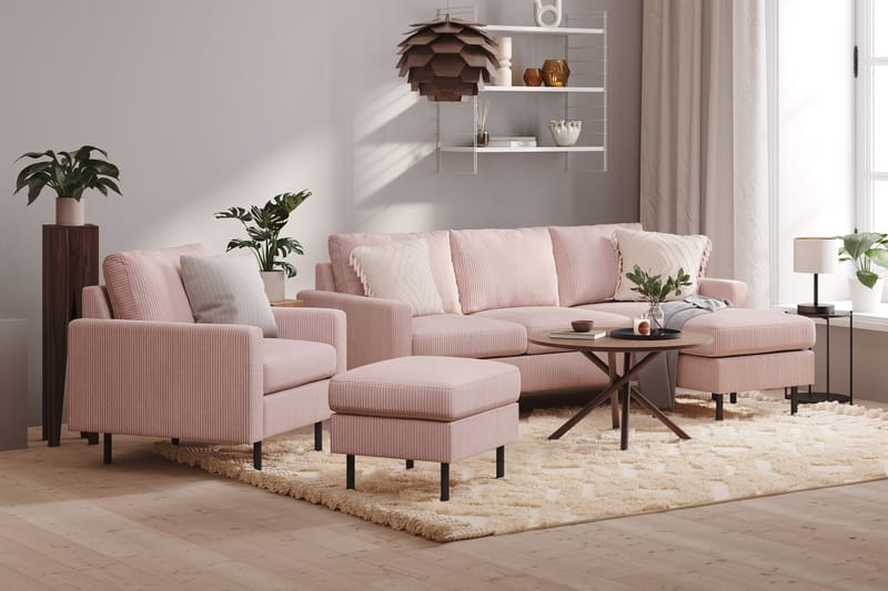 Peppe Soffgrupp 3-sits Vändbar L-formad Divansoffa + Fåtölj + Fotpall i Manchester - Rosa - Möbler - Soffa - Soffgrupp