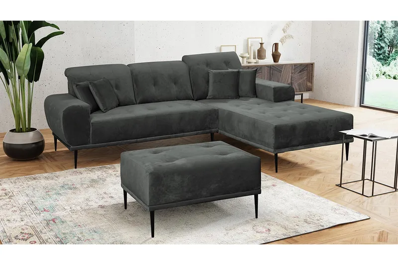 Rapale Soffgrupp Höger med Fotpall - Sammet/Ljusgrå/Svart - Möbler - Soffa - Sammetssoffa