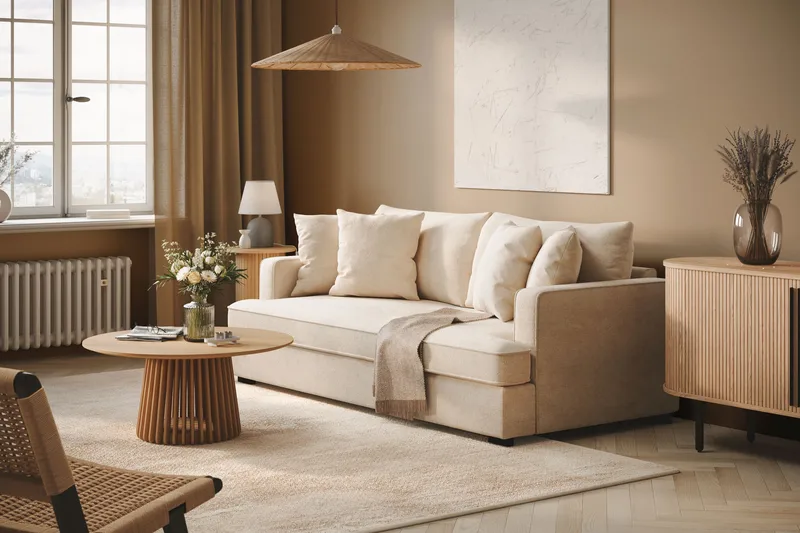 Rossita 3-sits Djup Soffa med hel dyna i Chenille - Trenza 06, Beige Chenille - Möbler - Soffa - 3 sits soffa