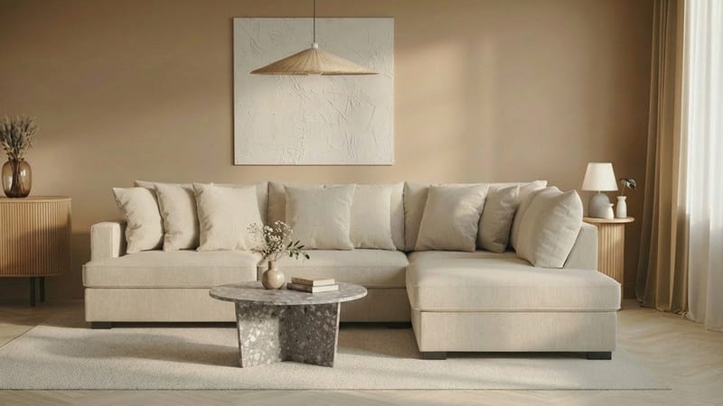 Rossita 4-sits Högervänd L-formad Djup Schäslongsoffa i Manchester - Beige - Möbler - Soffa - Divansoffa & schäslongsoffa - 4 sits soffa med divan