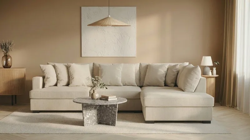 Rossita 4-sits Högervänd L-formad Djup Schäslongsoffa i Tyg - Beige - Möbler - Soffa - Divansoffa & schäslongsoffa - 4 sits soffa med divan