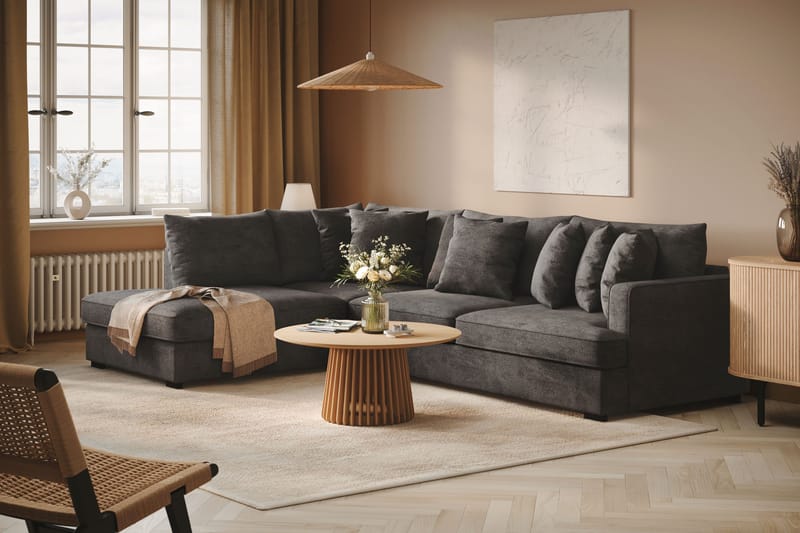 Rossita 4-sits Vänstervänd L-formad Djup Schäslongsoffa i Chenille - Svart - Möbler - Soffa - Divansoffa & schäslongsoffa - 4 sits soffa med divan