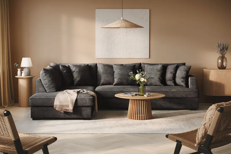 Rossita 4-sits Vänstervänd L-formad Djup Schäslongsoffa i Chenille - Svart - Möbler - Soffa - Divansoffa & schäslongsoffa - 4 sits soffa med divan