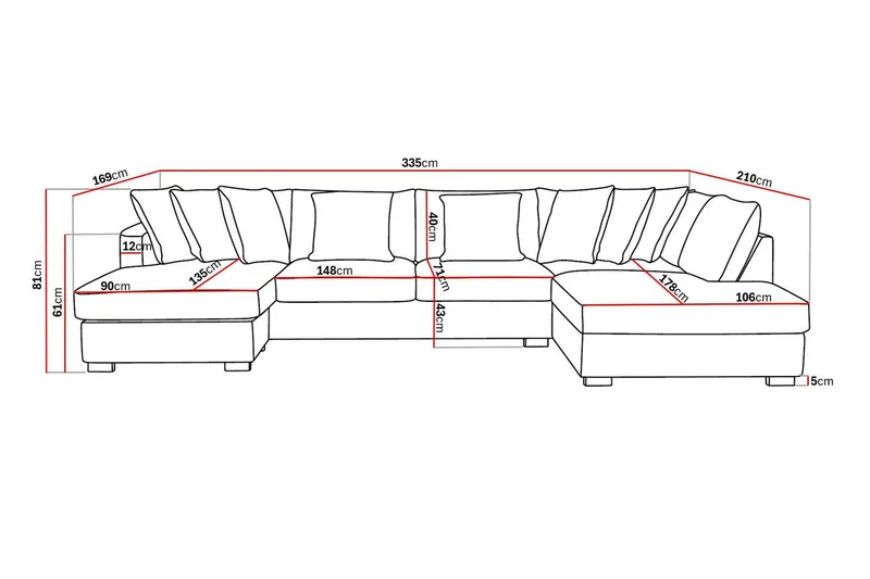 Rossita 5-sits Högervänd U-formad Djup Soffa med Divan och Schäslong i Tyg - Brun - Möbler - Soffa - U-soffa