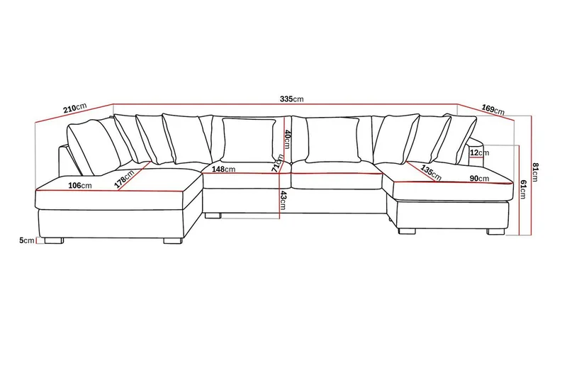 Rossita 5-sits Vänstervänd U-formad Djup Soffa med Divan och Schäslong i Tyg - Brun - Möbler - Soffa - U-soffa