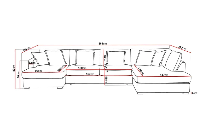Rossita Lyx 5-sits Högervänd U-formad Extra djup Soffa med Divan och Schäslong i Tyg - Brun - Möbler - Soffa - U-soffa
