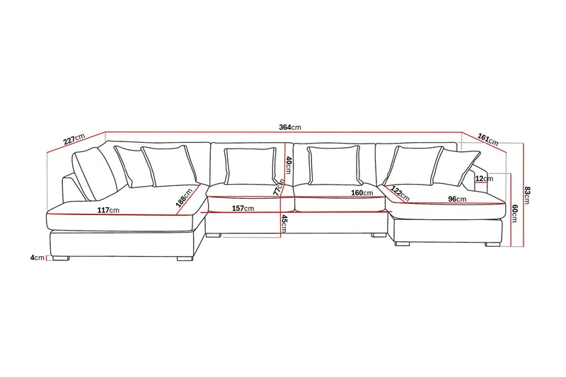 Rossita Lyx 5-sits Vänstervänd U-formad Extra djup Soffa med Divan och Schäslong i Tyg - Brun - Möbler - Soffa - U-soffa