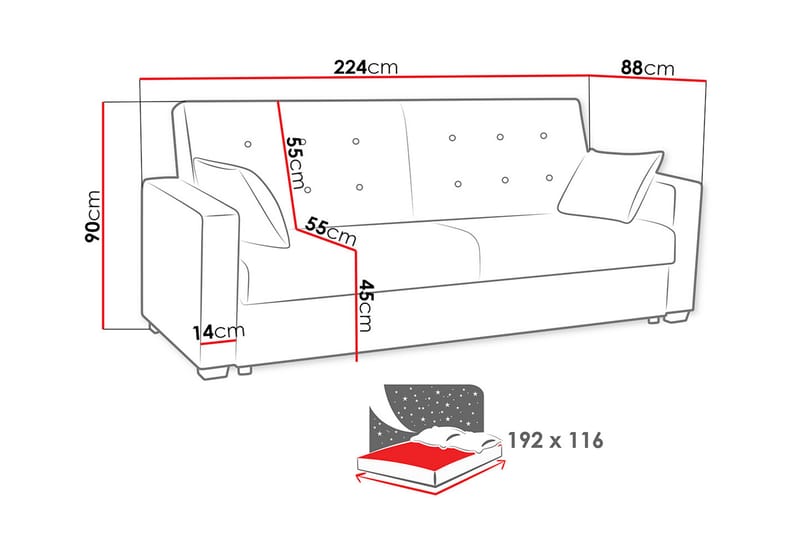 Bäddsoffa Bartek 224x88x90 cm - Blå - Sammetssoffa - 3 sits bäddsoffa