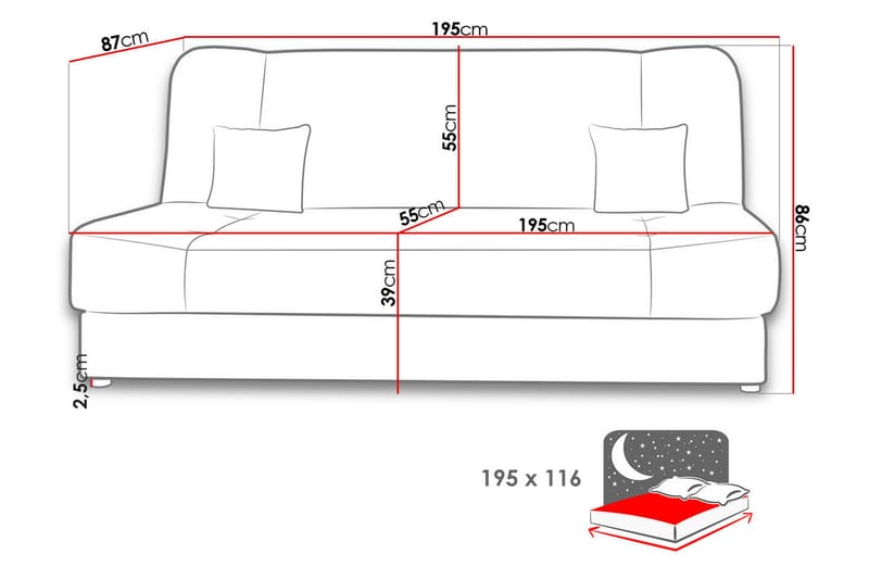 Bäddsoffa Jonas 195x87x86 cm - Röd/svart - Sammetssoffa - 3 sits bäddsoffa