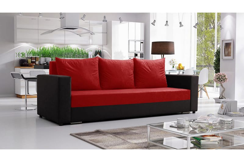 Banaso 3-sits Längsbäddad Bäddsoffa 130x200 cm med Förvaring i Sammet - Röd|Svart - Möbler - Soffa - Sammetssoffa